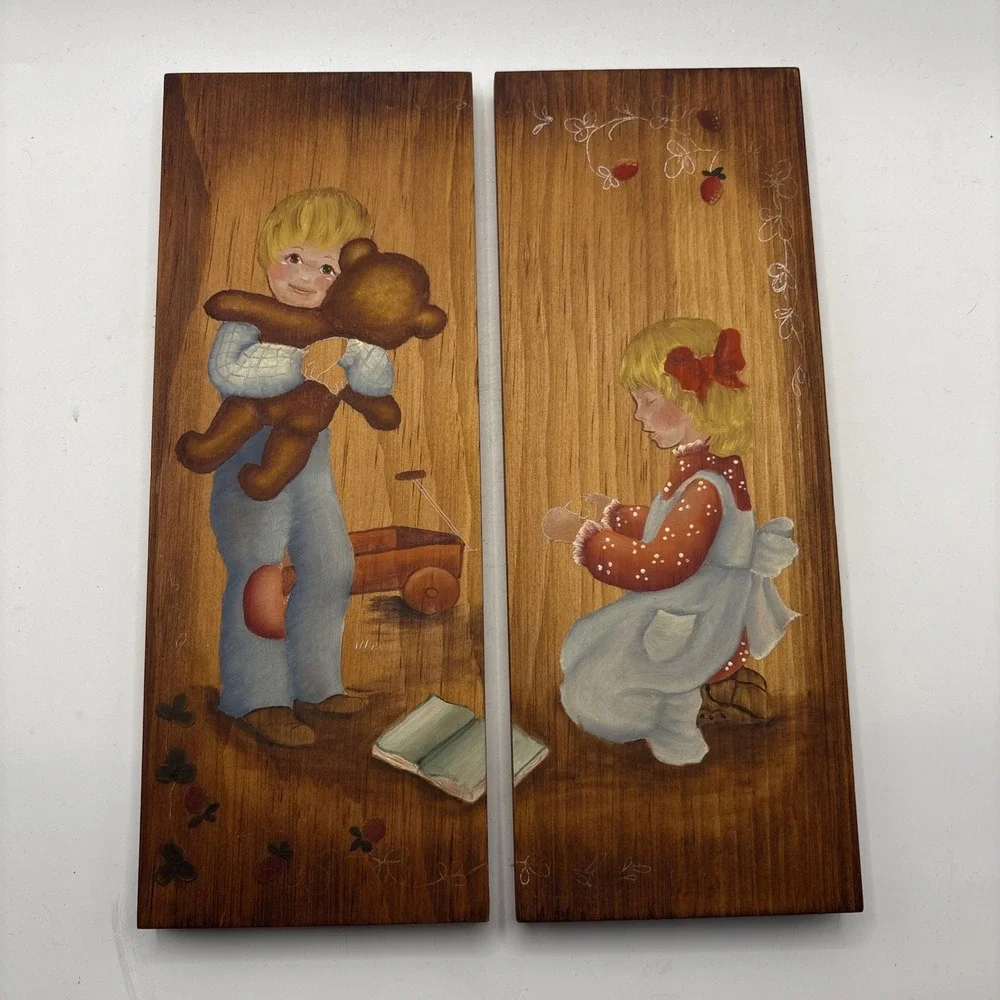 Vtg Folk Art Wood Wall Plaques Set Of 2 Boy Teddy Bear Girl Nursery Cottagecore
